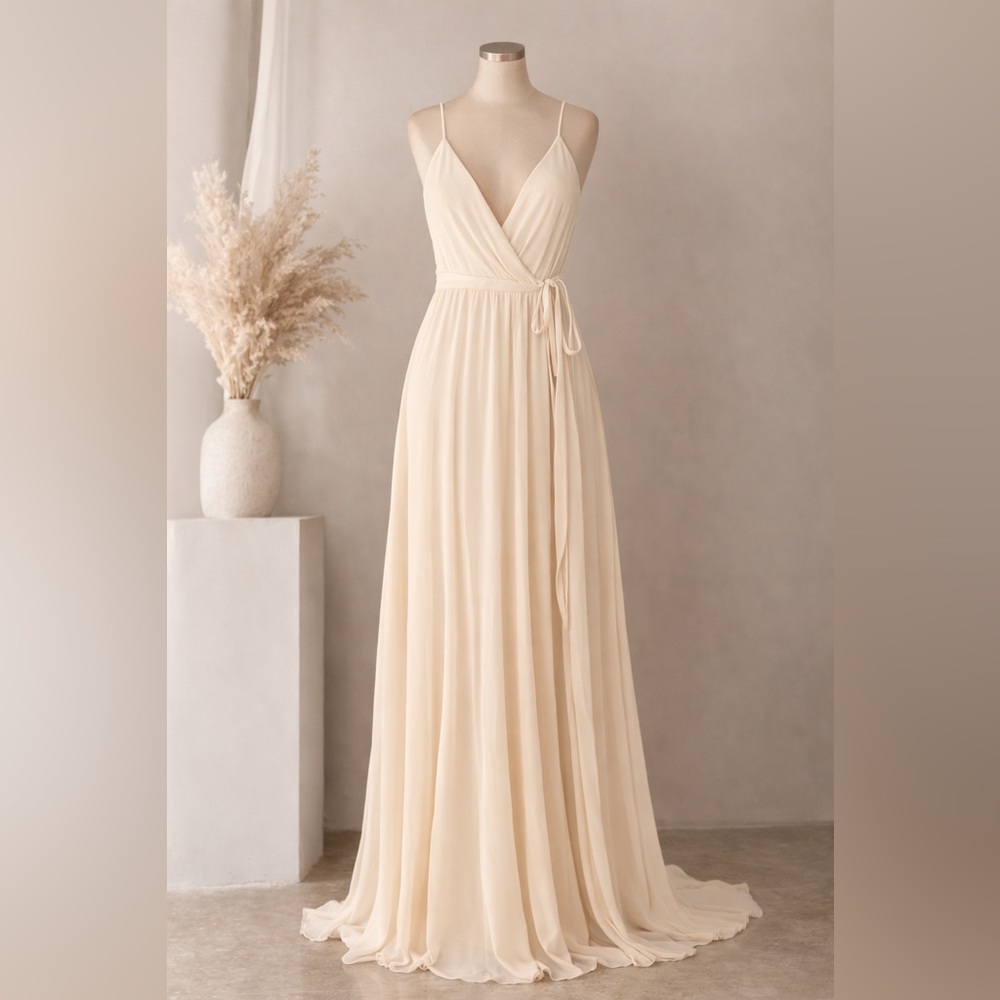 Sugarlips Cream Wrap Maxi Dress Flowy Spaghetti Strap Bridal Wedding Guest Sz M